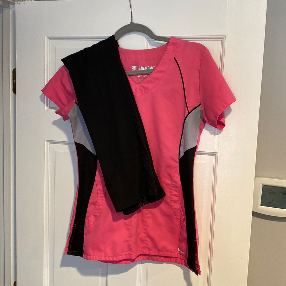 Grey’s Anatomy Active scrubs! Pink, grey and black too. Black bottoms. Both XS.